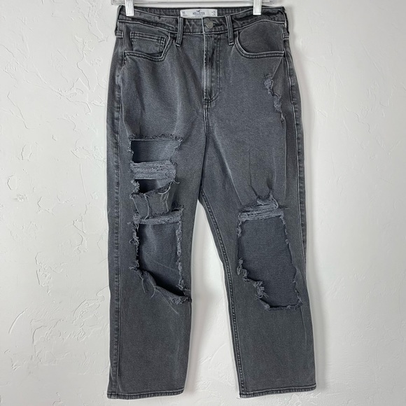 Hollister Jeans Denim Curvy Ultra High Rise Vintage Straight Holes Washed‎ Black - Picture 1 of 8